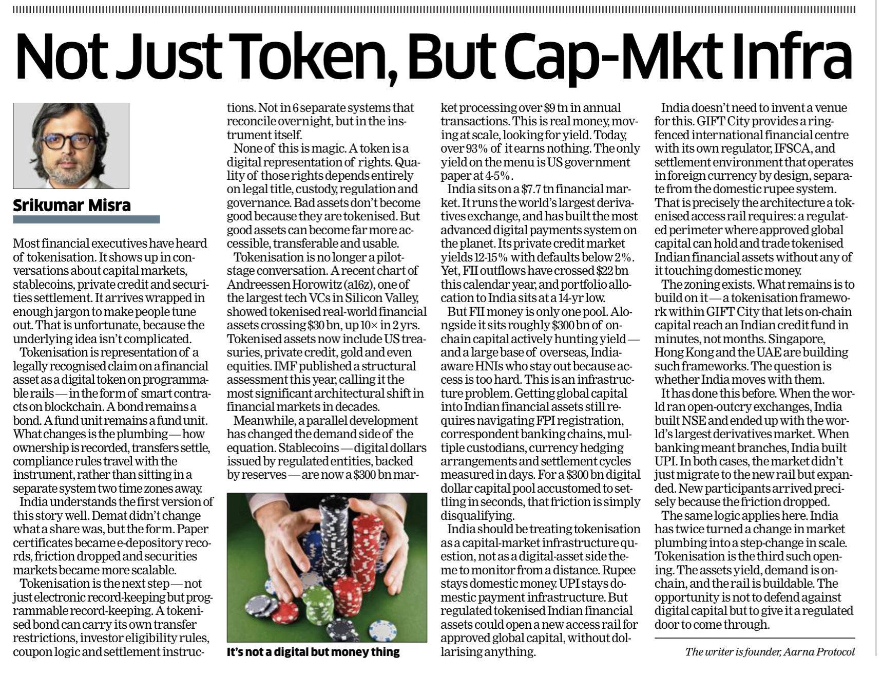 Not Just Token, But Cap-Mkt Infra — Economic Times op-ed by Srikumar Misra